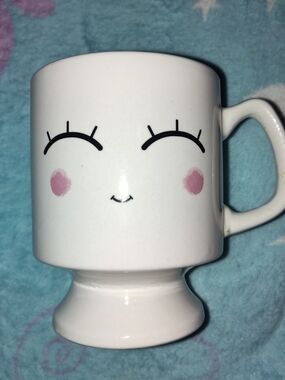 White Kawaii Ceramic Mug with Pink Cheeks and Smiling Face